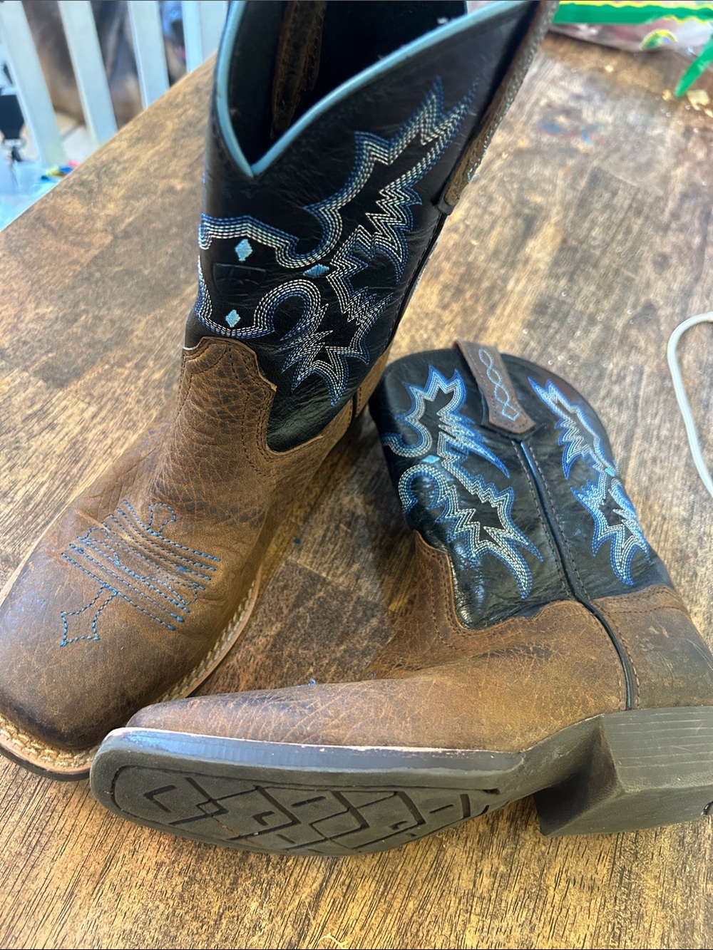 Ariat Brown and Black Kids Western Boots with Blue Stitching